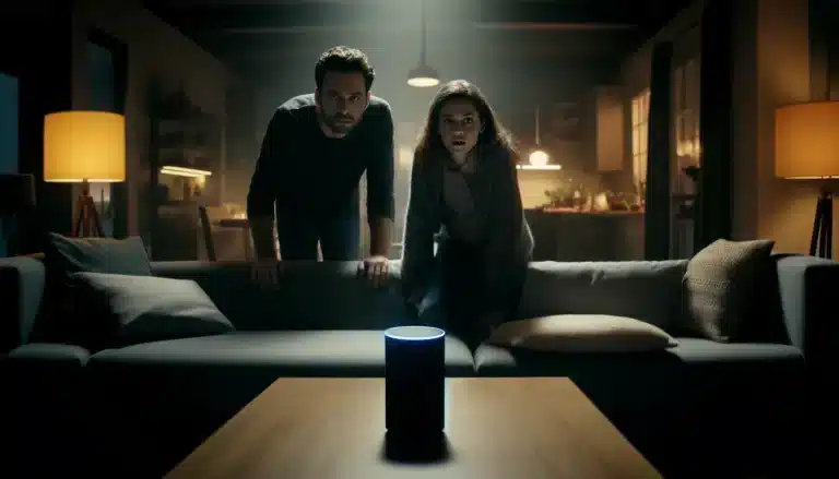 DALL·E 2024 05 14 20.26.42 In a cinematic 35mm film style depict two people one man and one woman looking frightened in a dimly lit living room. The focus is on them as they