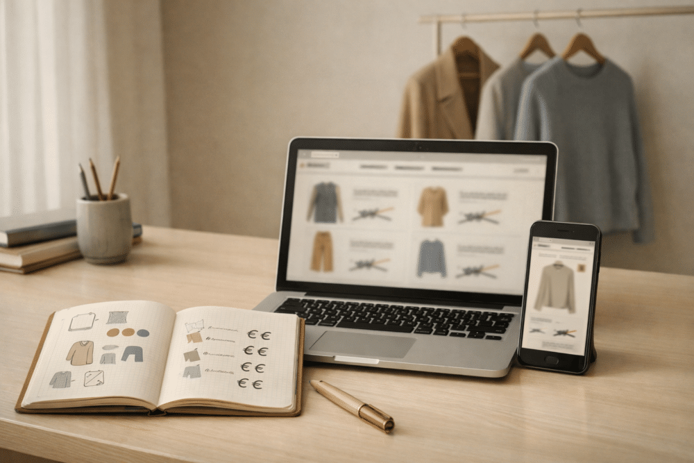 style vintage années 60, ambiance calme et analytique.
Scène sans humain : une table ou un bureau clair avec un ordinateur portable ouvert affichant des pages de shopping en ligne floutées (vêtements, prix barrés non lisibles), à côté d’un smartphone montrant une autre page produit, suggérant la comparaison entre plusieurs enseignes.
Sur la table : un carnet ouvert avec des références notées (formes, couleurs, tailles) et quelques symboles de prix en euros (€) visibles, sans texte lisible.
En arrière-plan discret : un portant minimaliste avec 1 ou 2 vêtements repérés (manteau, pull), bien espacés.
Lumière douce d’hiver, ambiance posée, rationnelle, sans urgence.
Palette de couleurs sobres et élégantes : beige, crème, gris clair, camel, bleu doux.
L’image doit évoquer : le repérage intelligent, la comparaison avant l’achat, la réflexion avant de cliquer.
Aucun humain, aucun texte lisible, aucun logo, aucune marque, pas d’effet publicitaire.